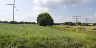 Windnergieanlage und Stromtrassen auf einem Feld